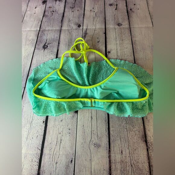 Victoria's Secret Bikini TOP Halter Aqua Green Sequins Neon Chartreuse Trim L - Picture 5 of 6